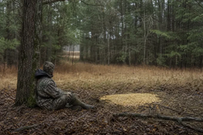 Person in camouflage and hood kneels beside a tree in a forest, aiming toward a dirt path