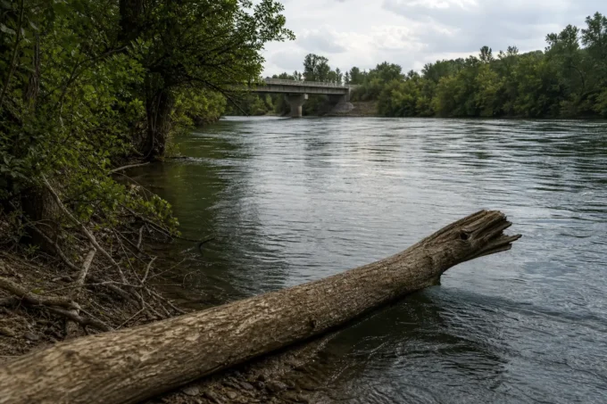 Large fallen tree branch rests along a riverbank, with a bridge spanning the river in the background