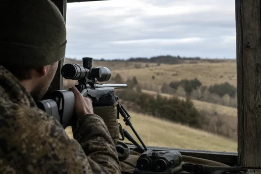 Camouflaged person aiming a rifle with a scope from behind wooden cover, overlooking grassy hills under cloudy sky
