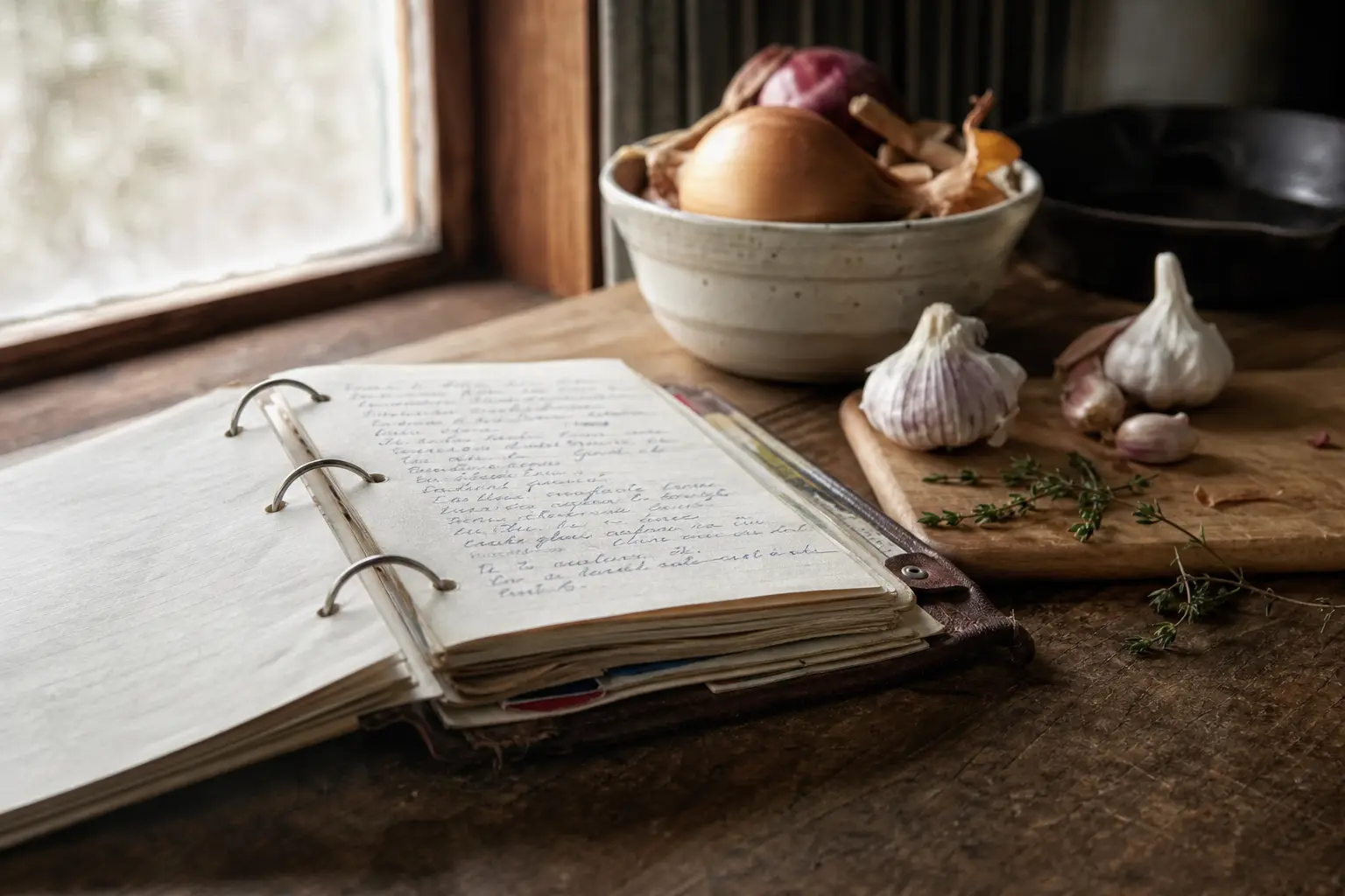Open notebook with handwritten pages on a wooden table, beside garlic bulbs, herbs, and a bowl of onions
