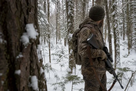 Camouflaged person with a knit beanie and backpack stands in snowy forest, holding a long rifle
