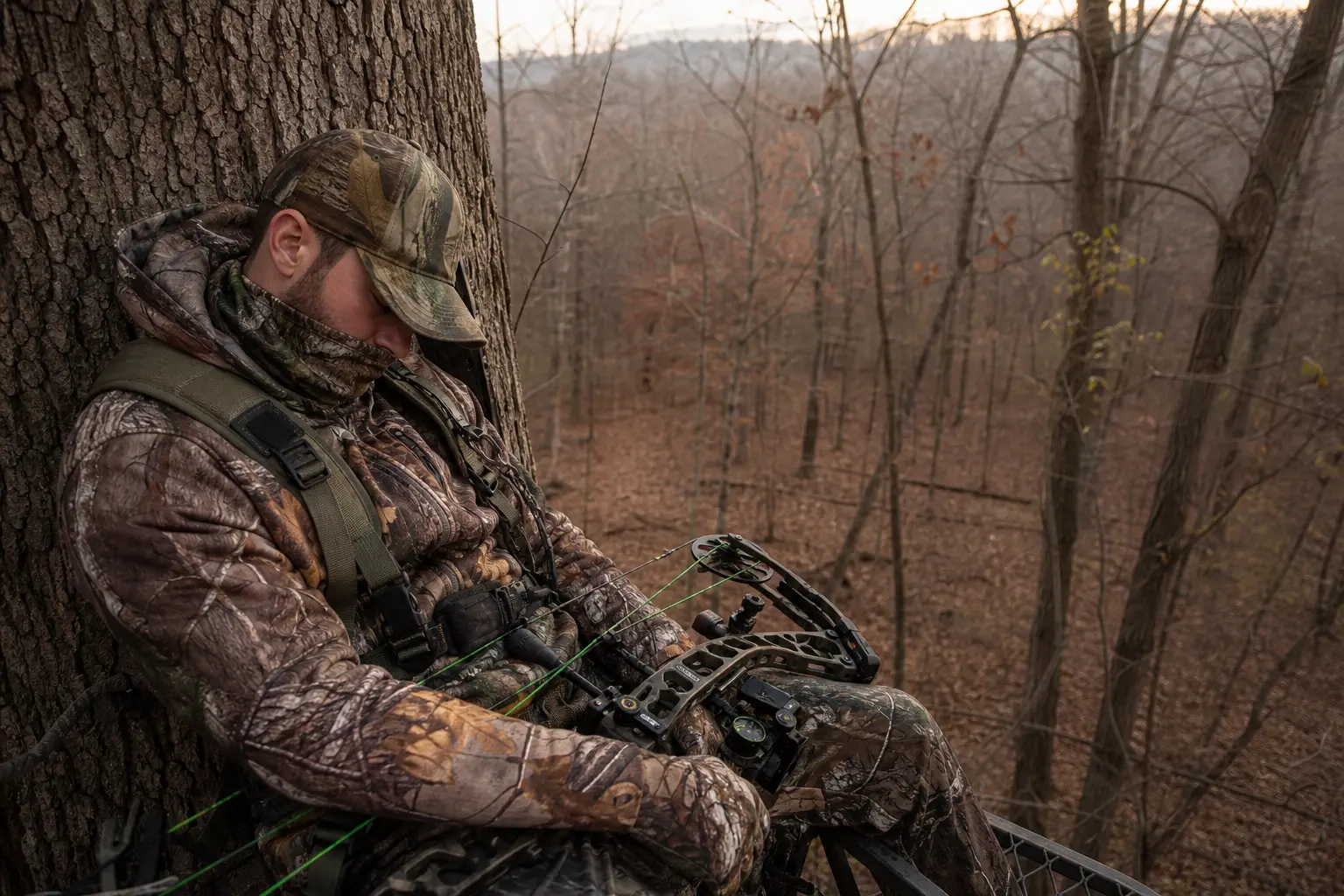 Camo-clad person crouches beside a tree with a bow and arrows, framed by a wooded hillside at dusk