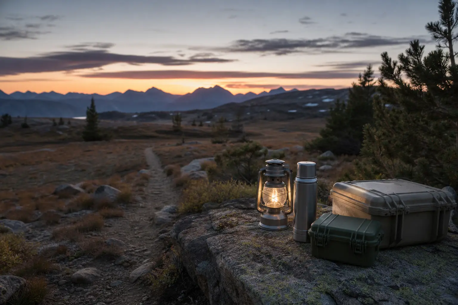 Camping lantern and metal thermos bottles on a rocky ledge overlooking mountains at sunset, with trees on the right