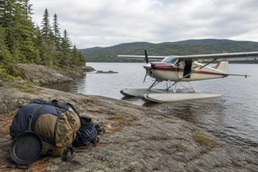 Small seaplane floats on calm water near a rocky shore, with a backpack resting in the foreground
