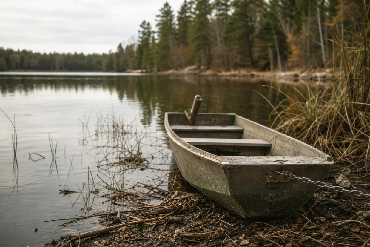 Small empty rowboat moored by a lakeshore, with water reflections, reeds, and trees lining the background