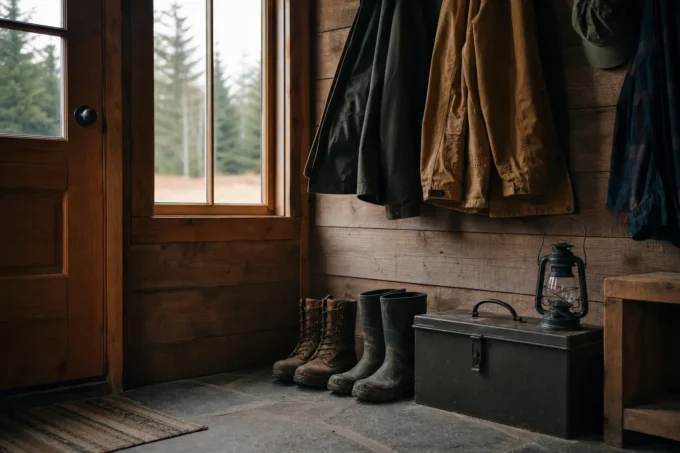 Wooden entryway with boots, a metal lantern, and a gray toolbox; jackets hang on a wall by a window