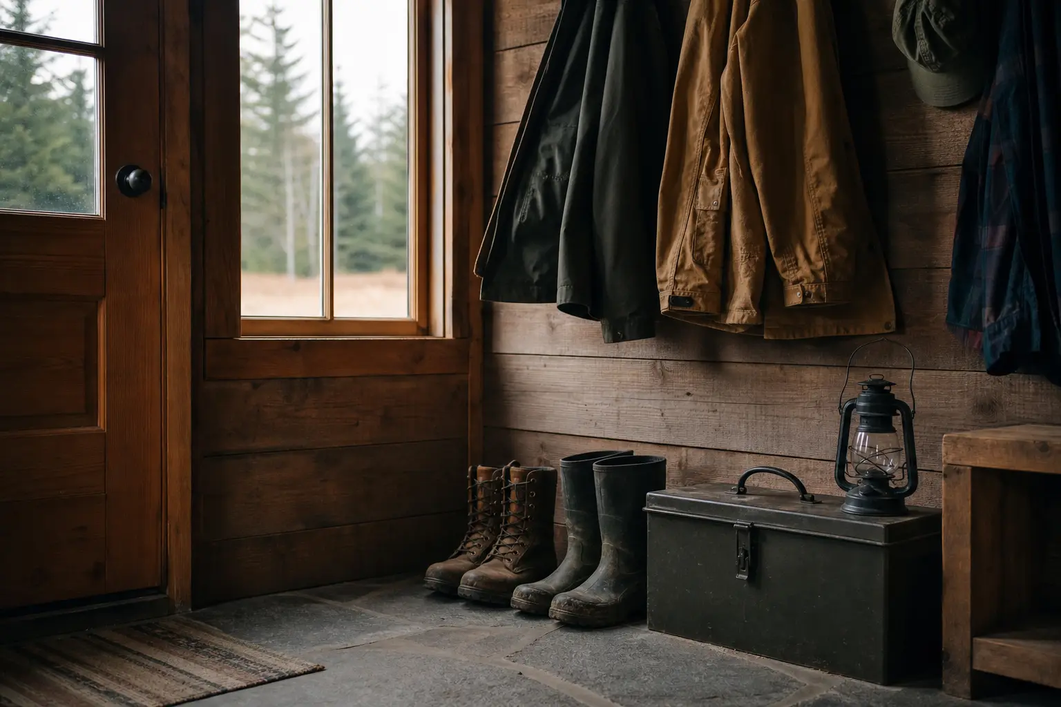 Wooden entryway with boots, a metal lantern, and a gray toolbox; jackets hang on a wall by a window