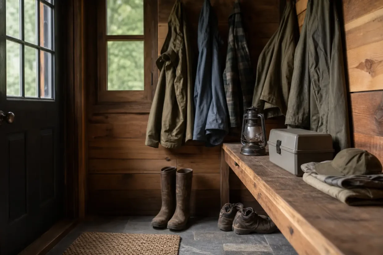 Coats hanging on wooden wall by a window, with tall boots on the floor, a lantern, and a closed gray storage box