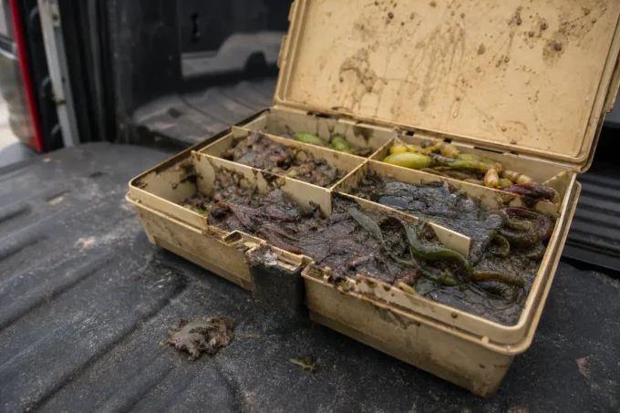 Open beige crate on a dark surface, holding muddy green and dark items with metal divider sections