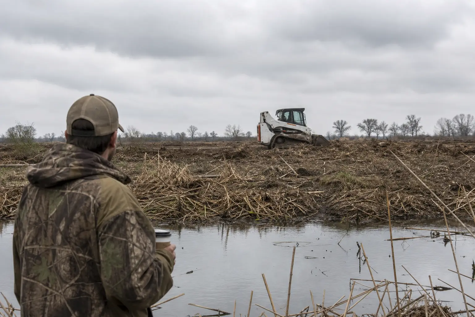 A person in camouflage stands by a pond with reeds while a white skid-steer loader works on muddy ground