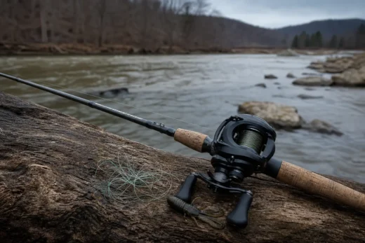 Fishing rod and spinning reel lying on a rocky riverbank, with braided line and green line in the foreground