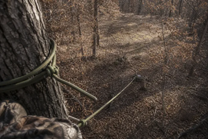Camouflaged sleeve and rope-covered branch edge in foreground, looking toward a muddy trail through leafless trees