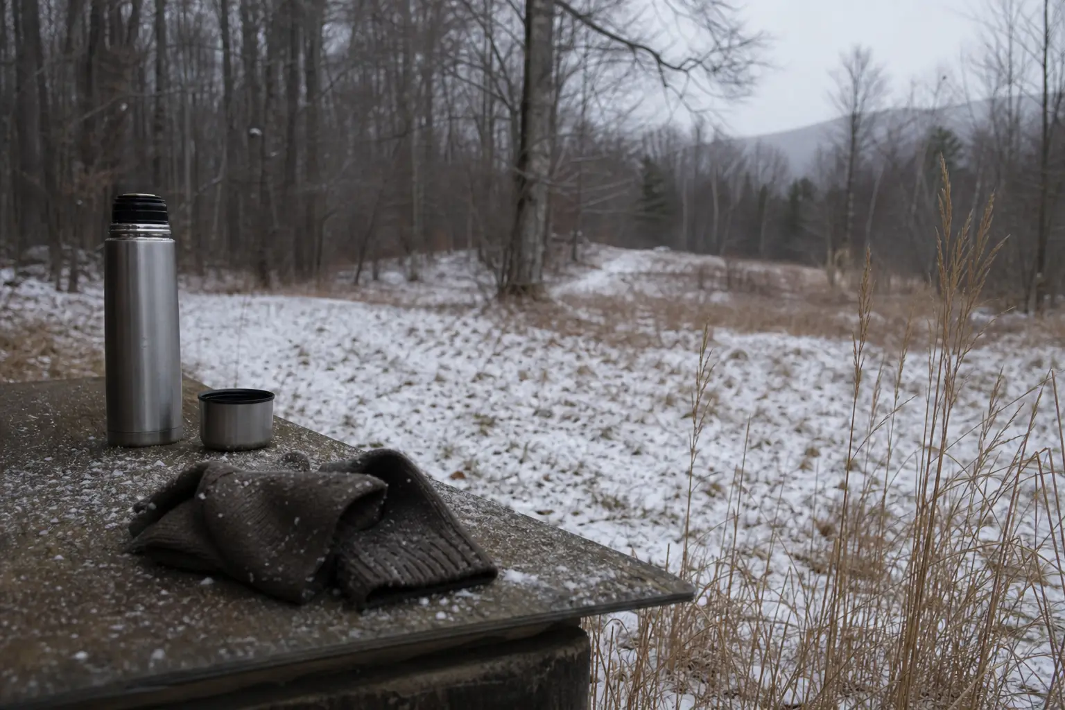 Thermos and metal cup on a stone platform, with a snowy field and leafless trees in the background