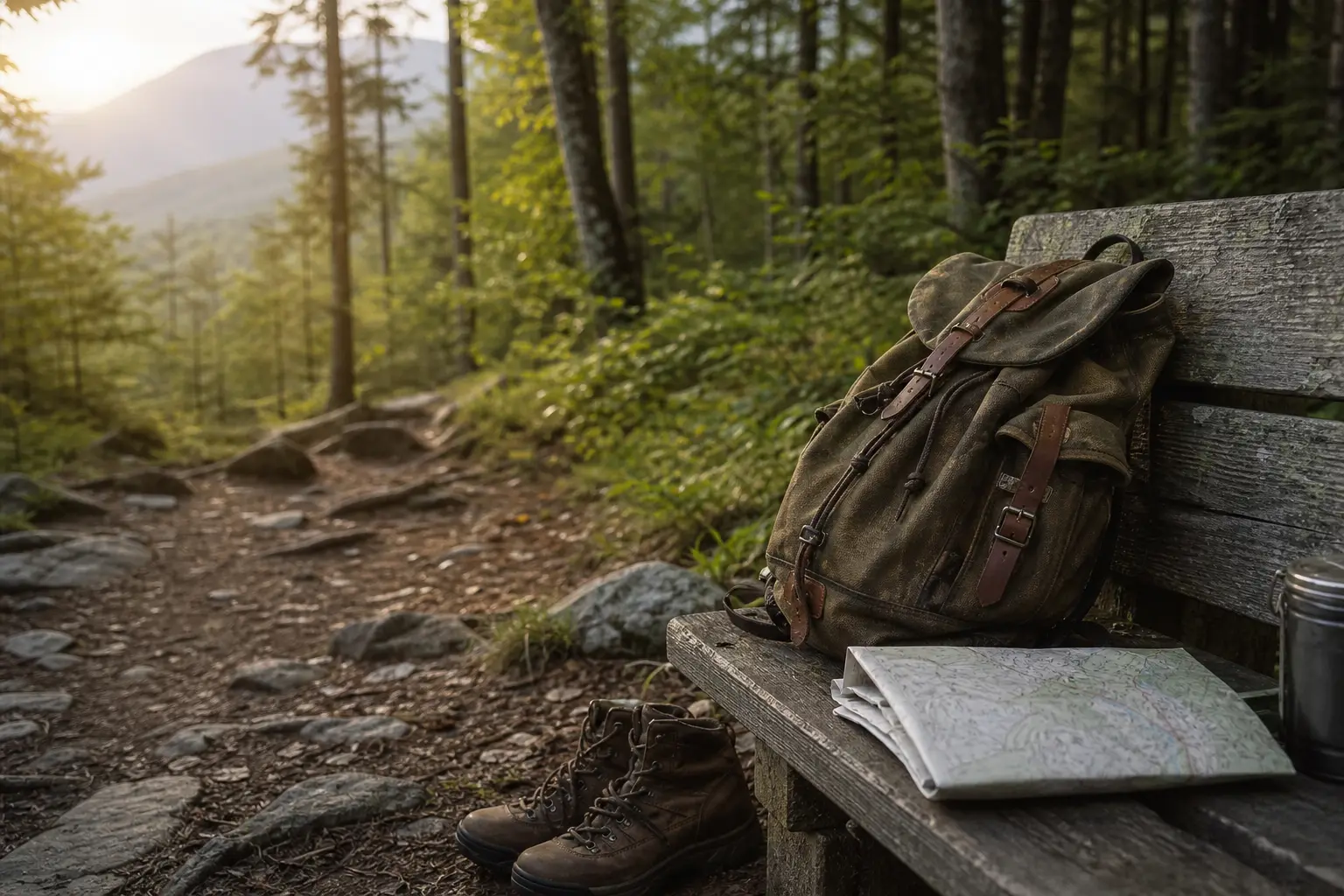 Brown backpack and boots rest beside a wooden bench with maps and a metal container in a forested mountain landscape