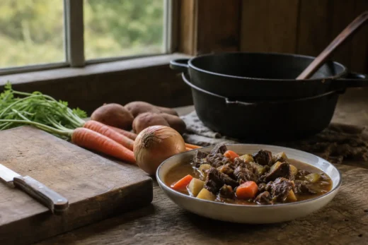 Large black pot in back, bowl of stew with vegetables on wooden table, and carrots and onions on a cutting board