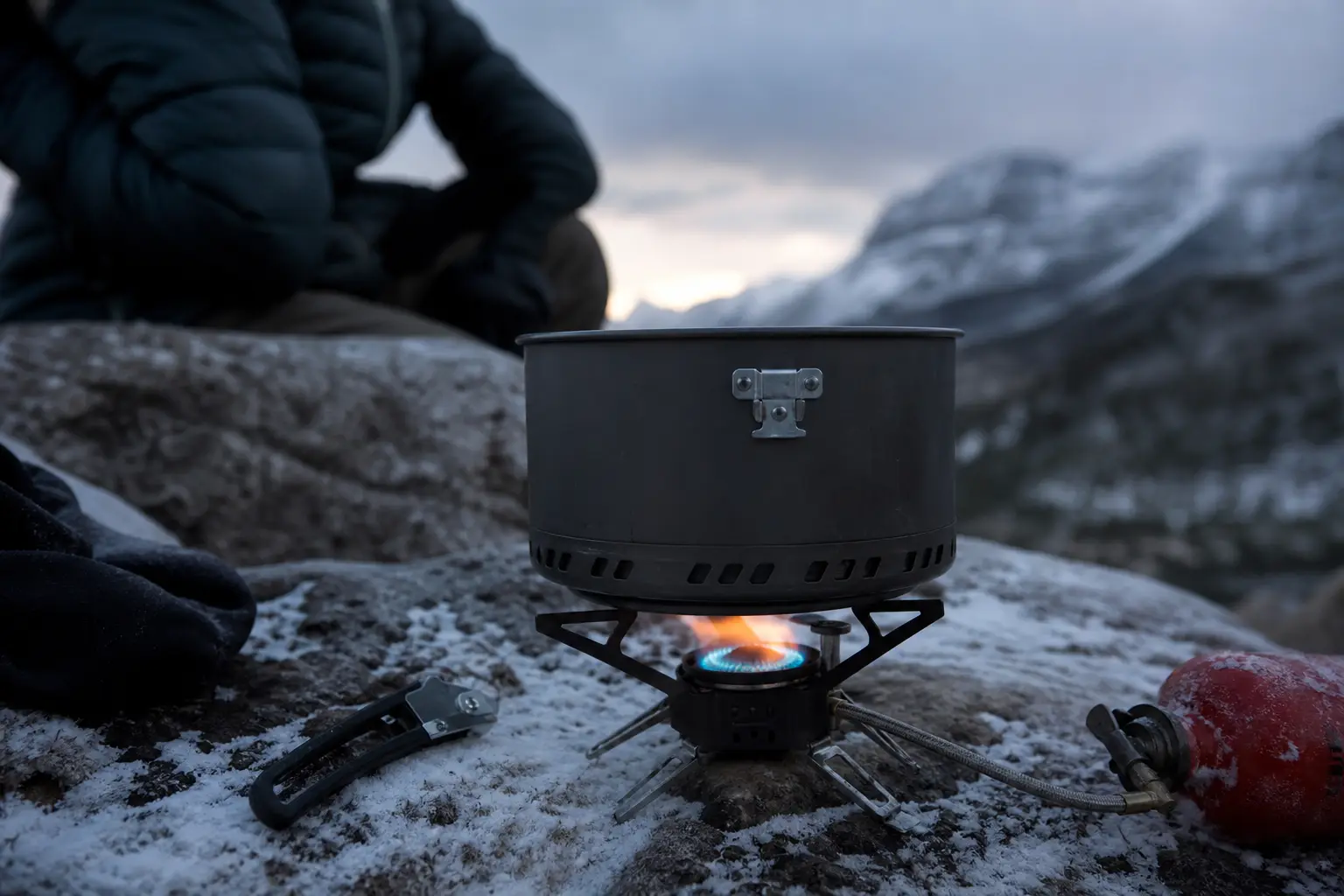Camping stove with blue-orange flame on rocky ground, person in dark jacket kneeling nearby against snowy mountains