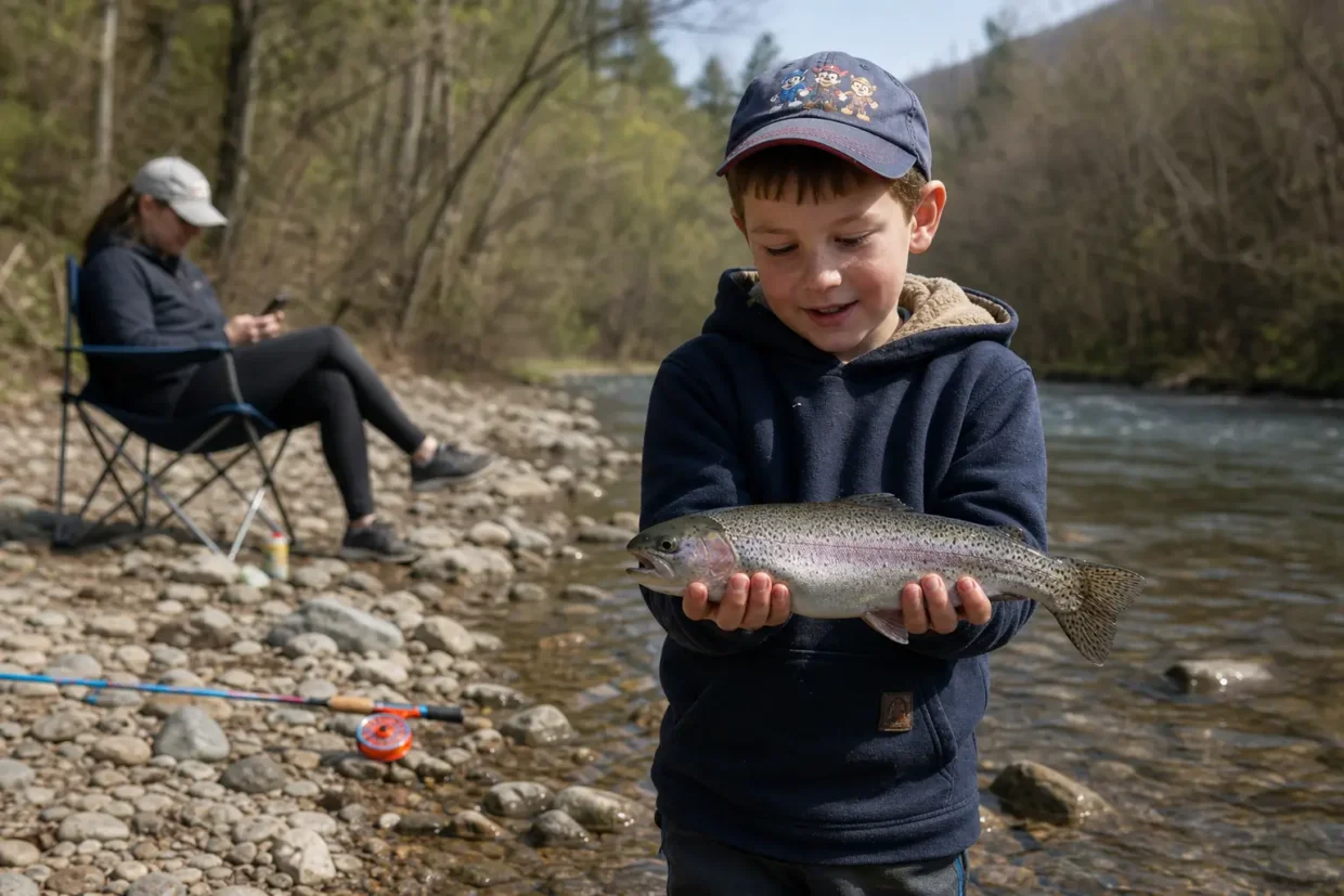 Child in a dark hoodie and cap holds a large trout by the fish’s body near a rocky riverbank