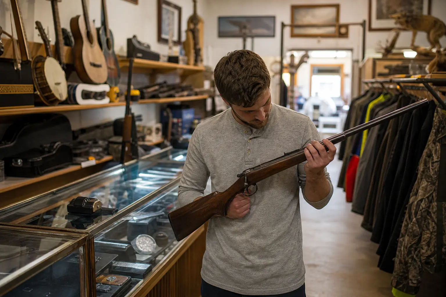A man in a shop holds and examines a long rifle over a display case with firearms and framed pictures behind him