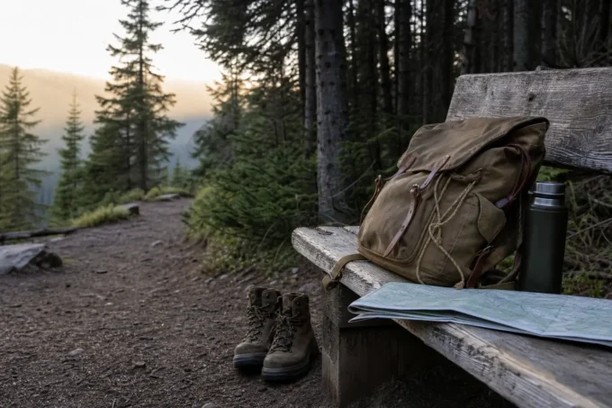 Canvas backpack and folded map on a wooden bench beside hiking boots in a forested trail clearing