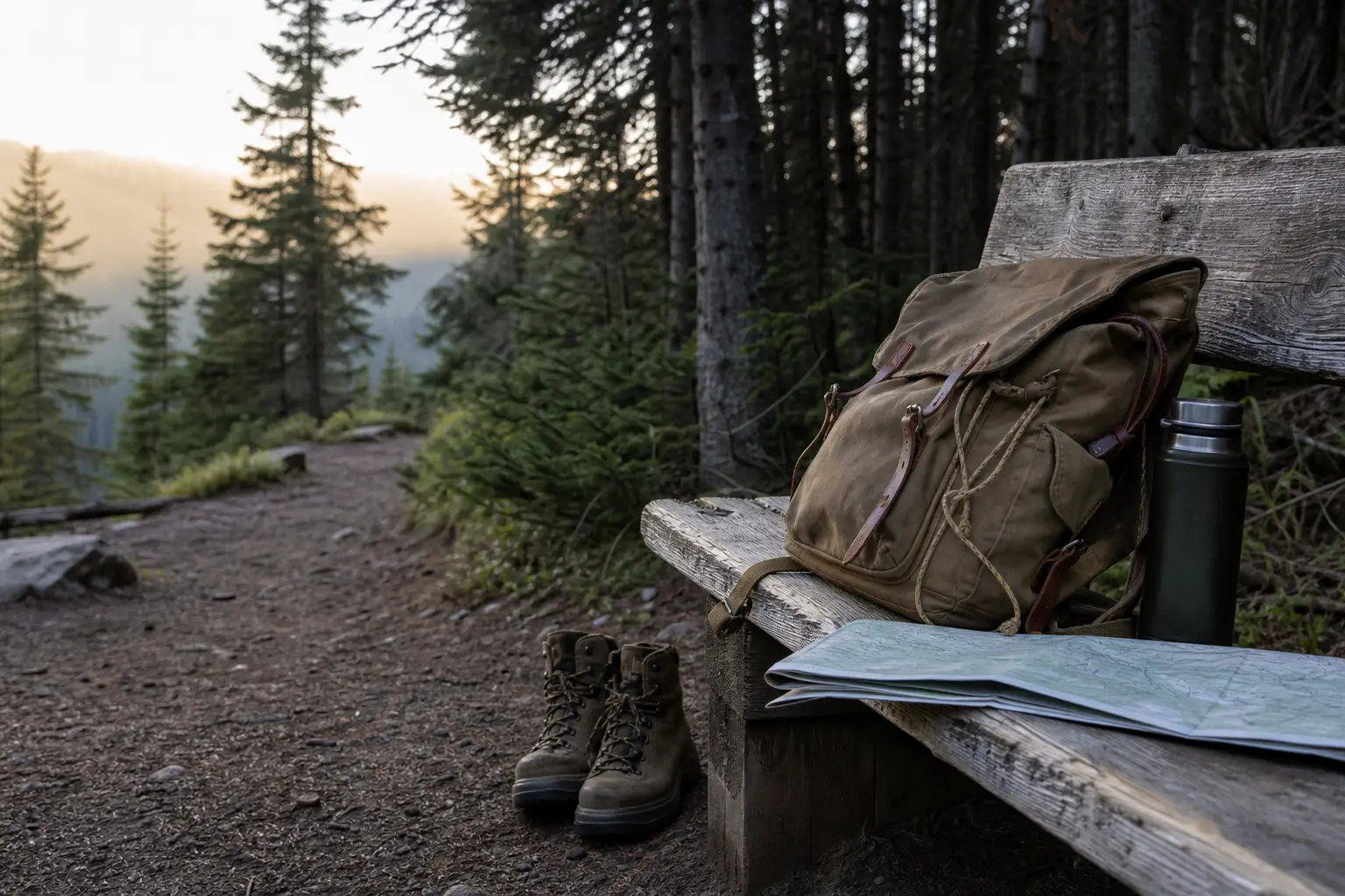 Canvas backpack and folded map on a wooden bench beside hiking boots in a forested trail clearing