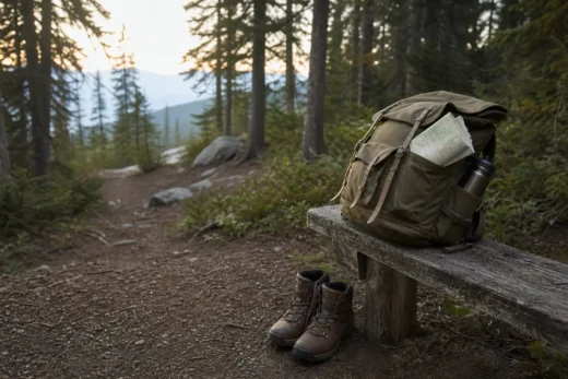 Green backpack resting on a wooden log, with a map, bottles, and a pair of hiking boots on the ground
