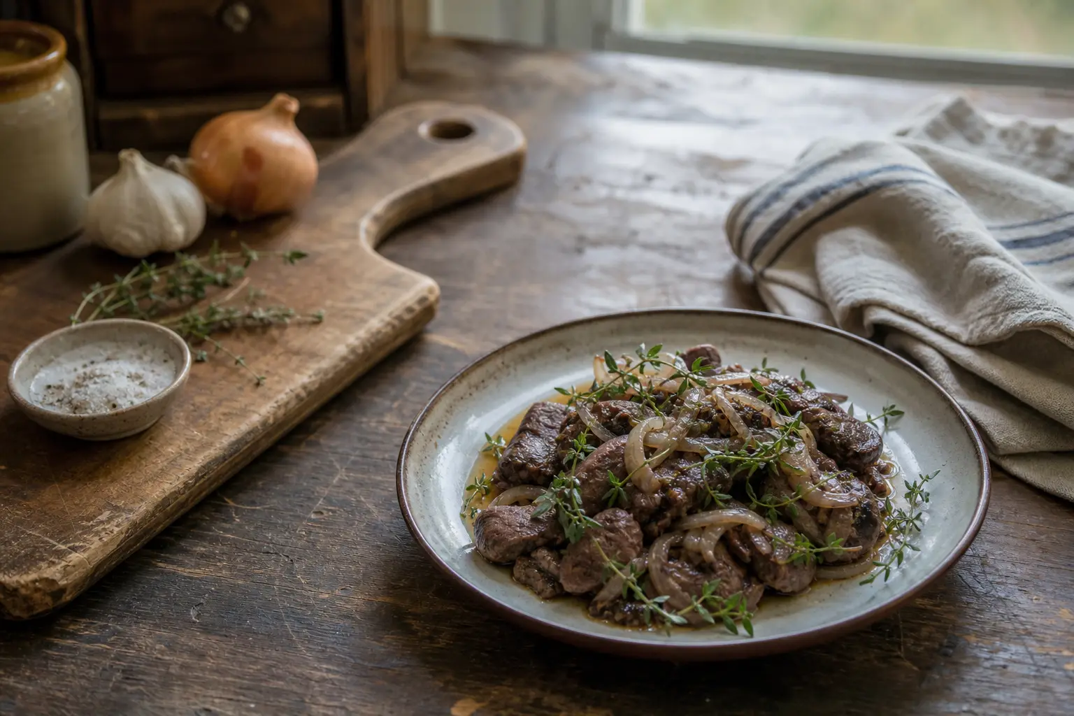 Plate of braised meat with onions and herbs, with bread board, bowl, onions, garlic, and a folded towel nearby