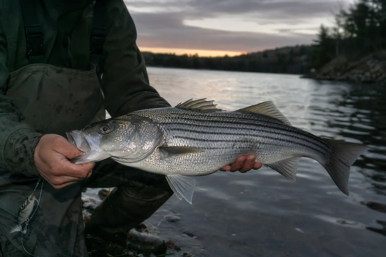 A person holds a large silver fish with spiny fins over a river at dusk, with trees and sky in background