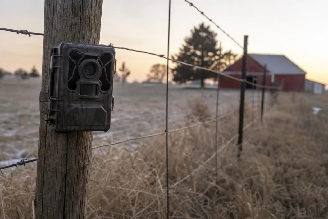Black camera box mounted on a wooden post, with barbed wire and fencing stretching into a grassy field