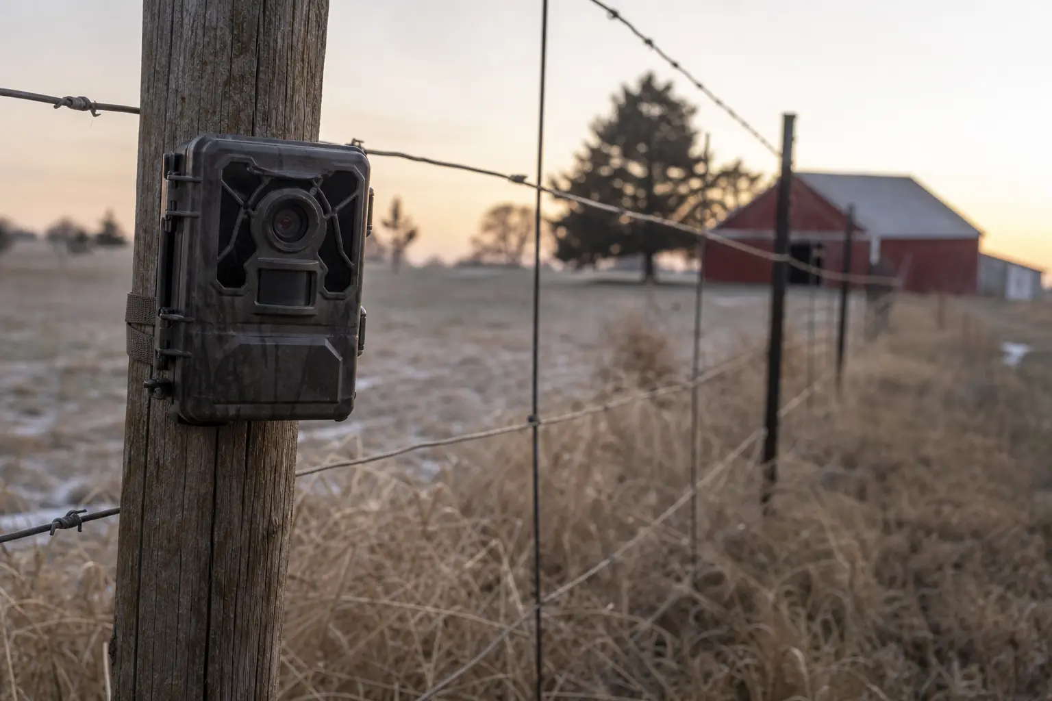 Black camera box mounted on a wooden post, with barbed wire and fencing stretching into a grassy field