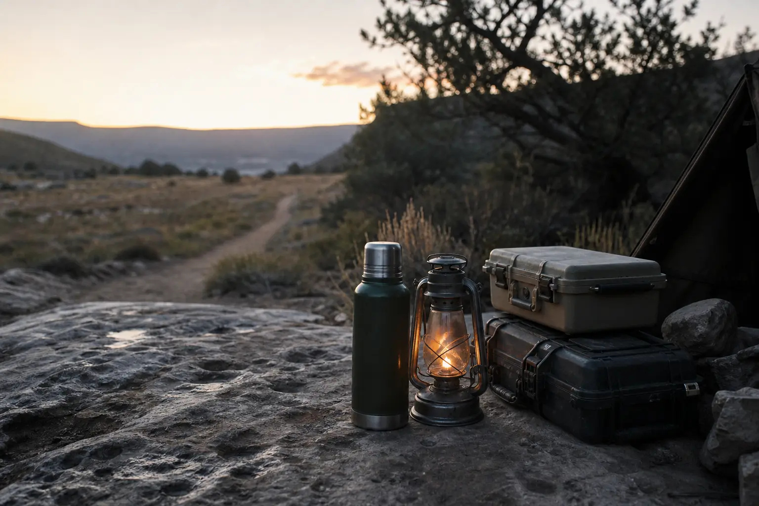 Outdoor camping setup on a rock: metal bottle, lit lantern, and dark storage case near a tent at dusk