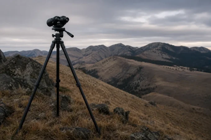 Black tripod with a mounted device stands on rocky ground overlooking layered mountain ridges under cloudy sky