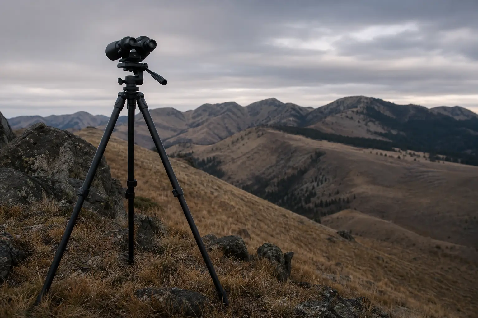 Black tripod with a mounted device stands on rocky ground overlooking layered mountain ridges under cloudy sky