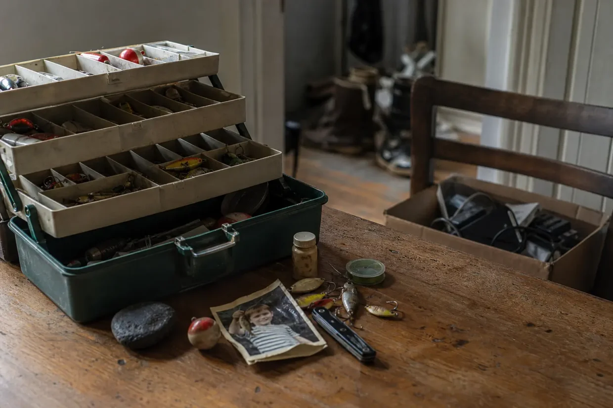 Open wooden worktable with tackle box drawers, small containers, a jar, and tools scattered across the surface