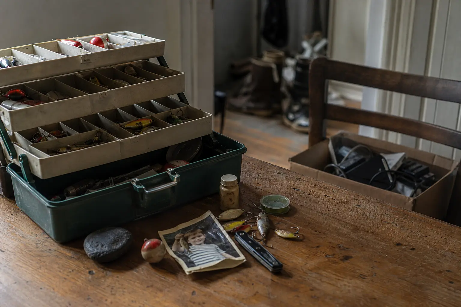 Open wooden worktable with tackle box drawers, small containers, a jar, and tools scattered across the surface