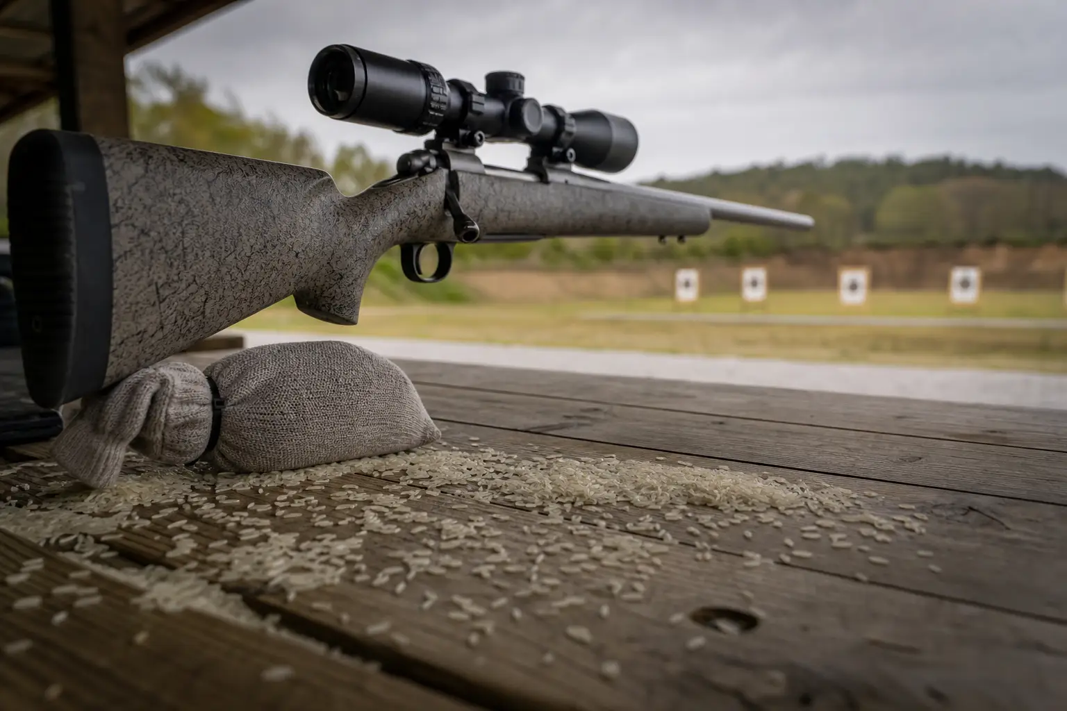 Black scope mounted on a long rifle resting on a wooden bench near a shooting range with paper targets in distance