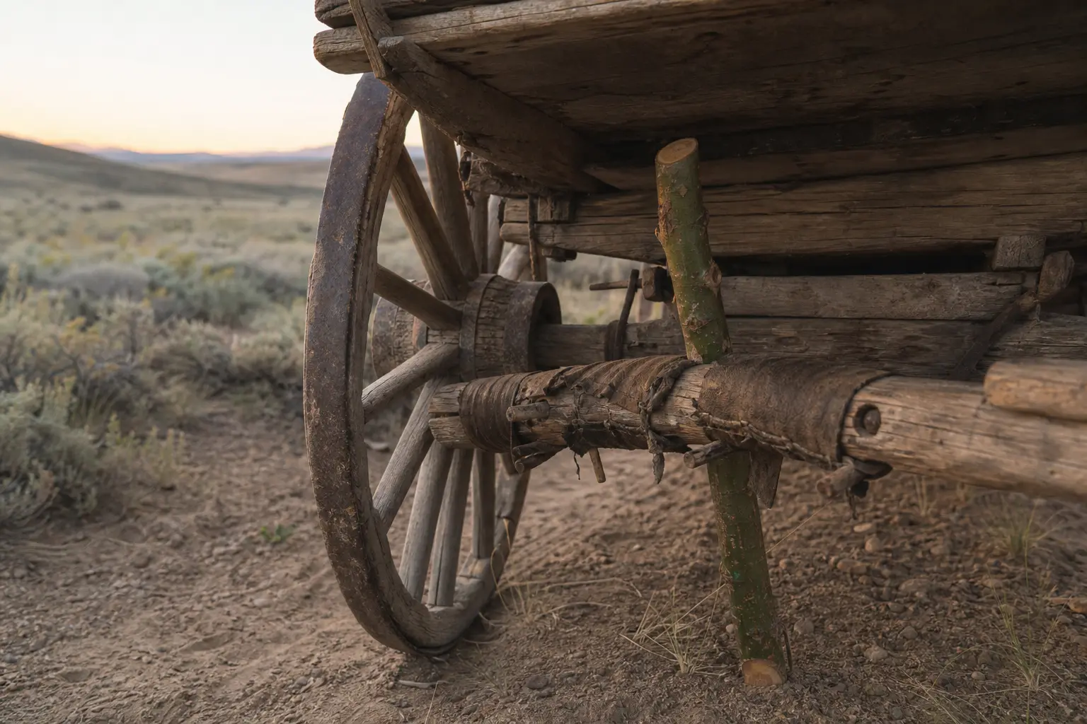 Wooden wagon cart with large wheels and metal hitch, parked on a dirt path at sunset with hills in view