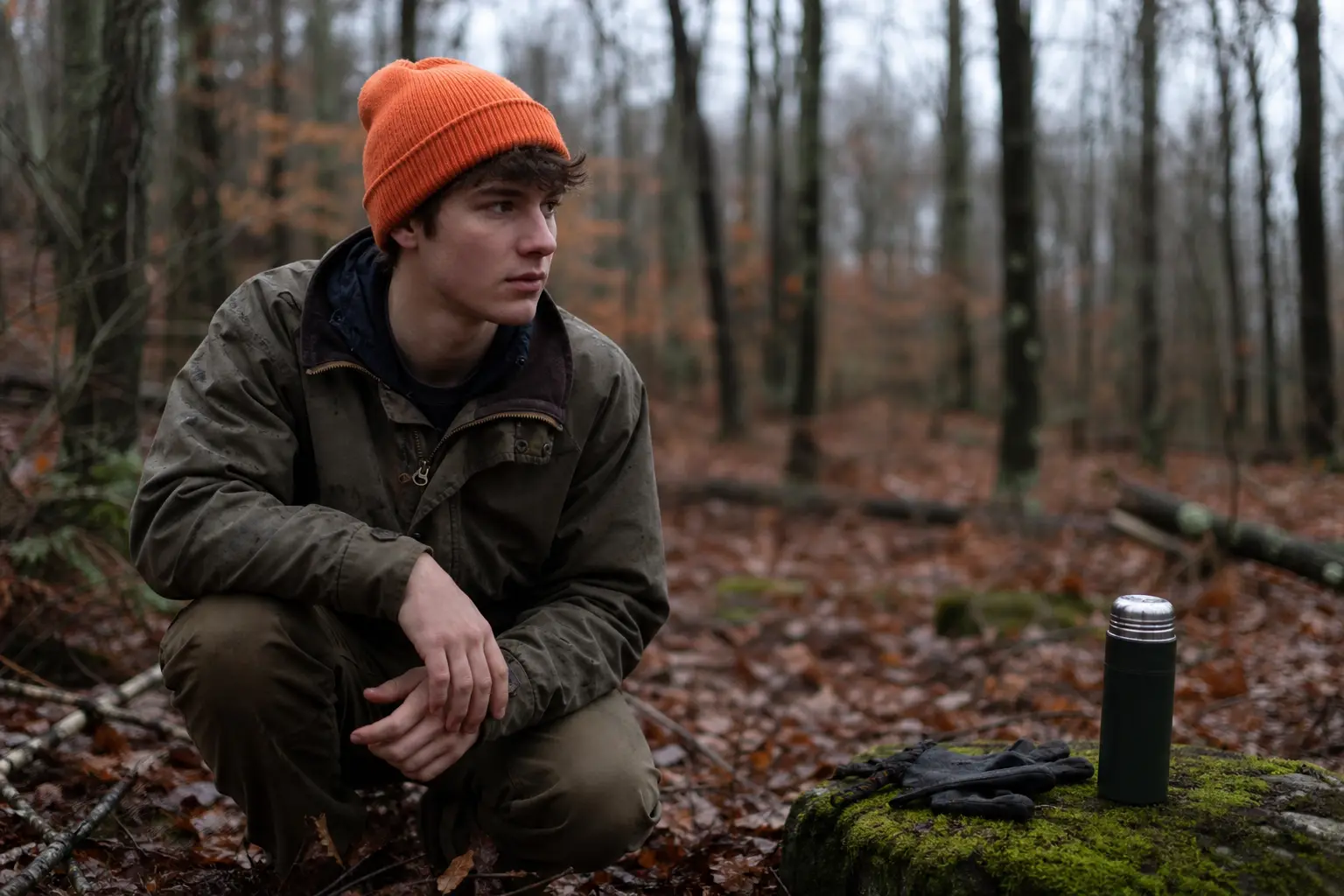 A person in an orange knit beanie and dark jacket crouches in a leaf-covered forest near a black thermos