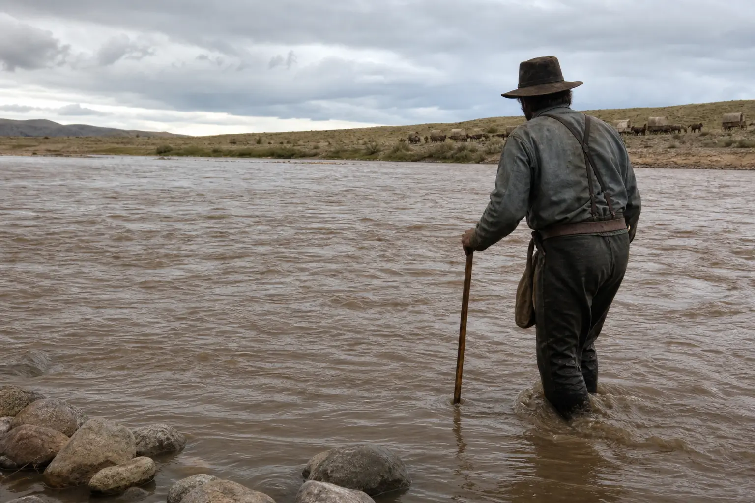 Man in dark hat and jacket wades in a shallow river, holding a long wooden pole as livestock graze nearby