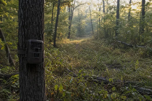 Black device box strapped to a tree trunk in a wooded area, with fallen branches and grass in the background
