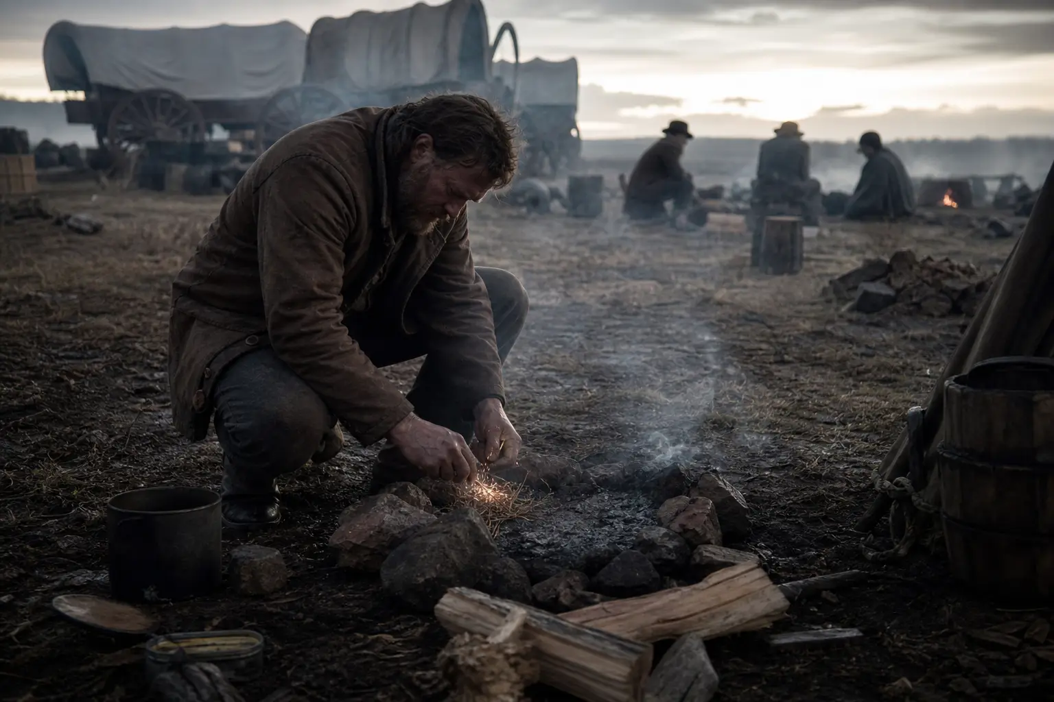 Man crouches over rocks and smoke beside a metal pot and logs, with tents and people in the background