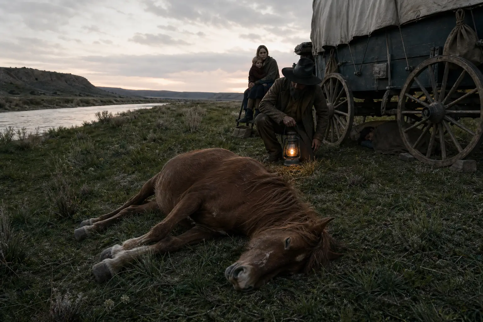 Brown cow lying in grass near two people by a large dark wagon at dusk, river and hills in background