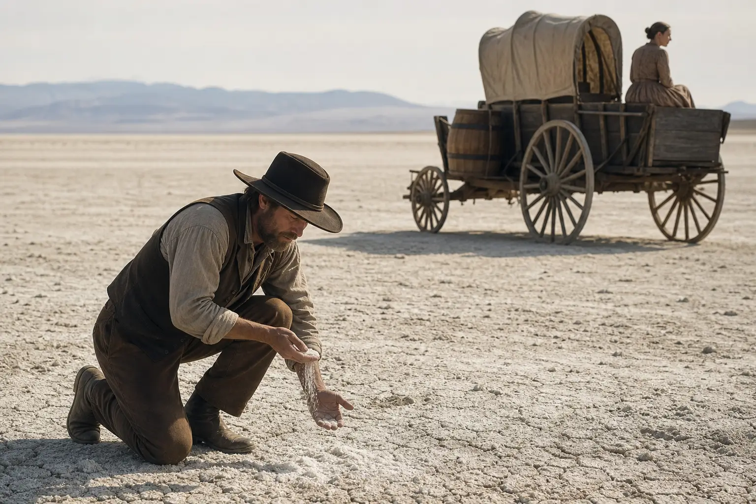 Man in hat kneels in dry ground, facing a wooden wagon with large wheels and a seated person