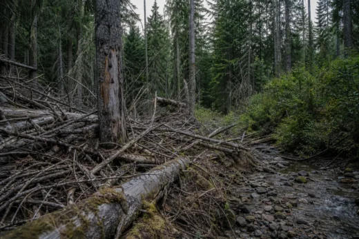 Tall forest trees, fallen branches and logs on the ground, and a shallow rocky stream running through the woods