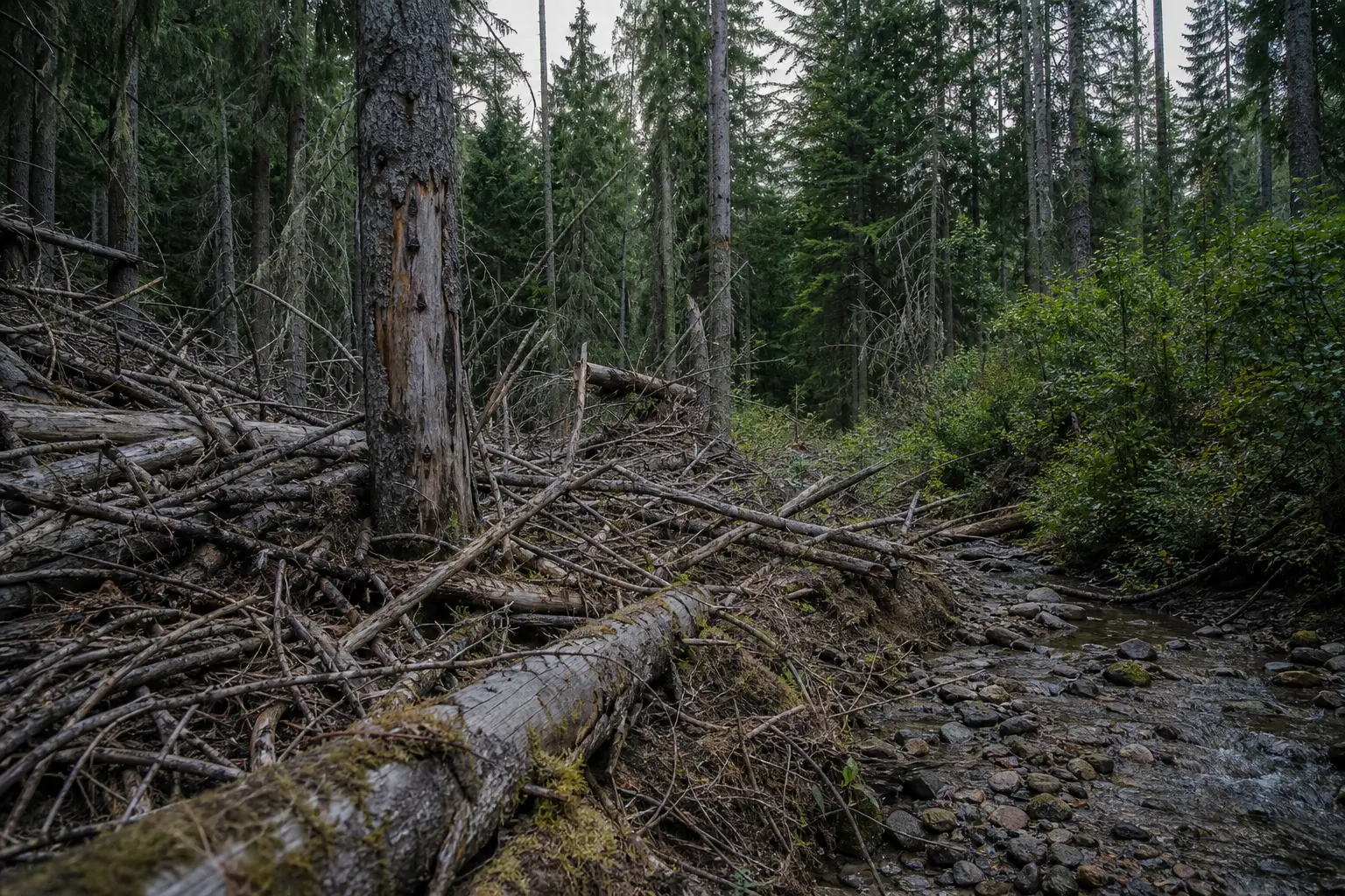 Tall forest trees, fallen branches and logs on the ground, and a shallow rocky stream running through the woods