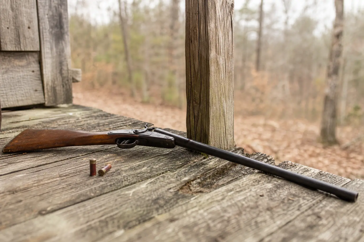 Old wooden-stock rifle with metal barrel lies on a weathered wooden porch railing; small red and brass cartridges nearby