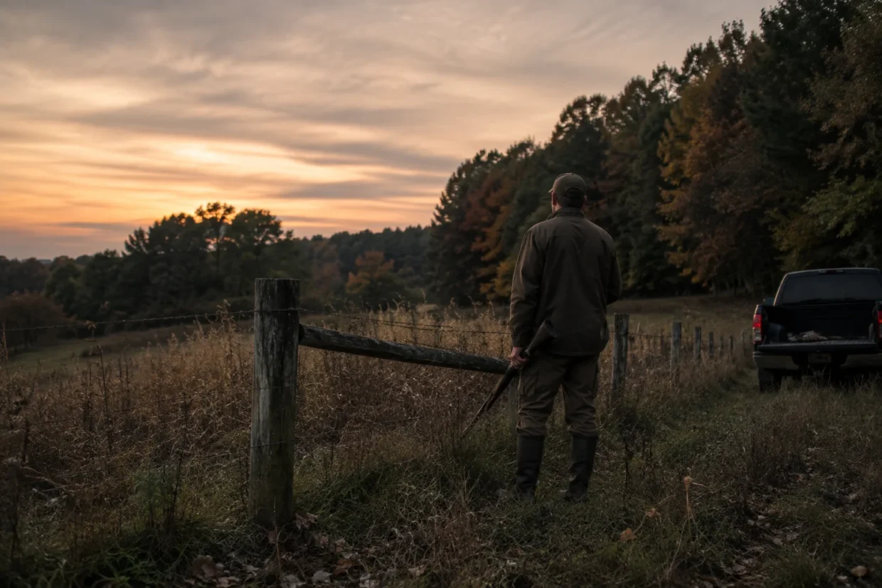A hunter stands at a rural fence line at dusk with his rifle lowered, facing a quiet field edge
