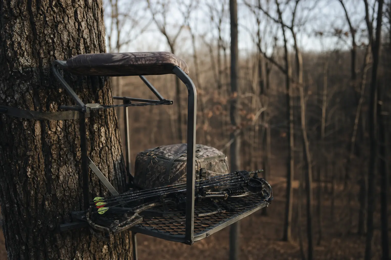 Camo crossbow mounted on a metal stand attached to a tree trunk, with a wooded background behind it