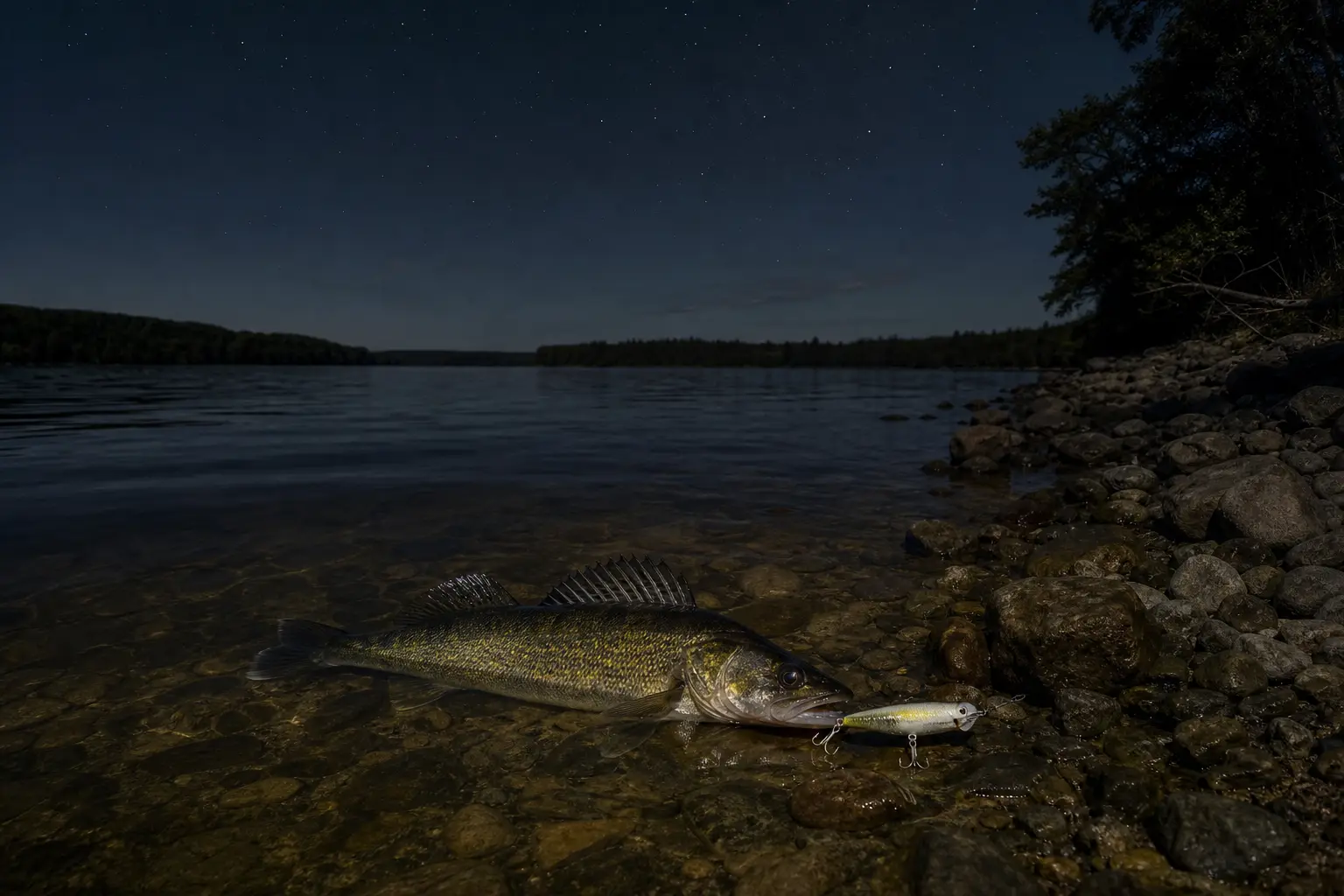 A striped fish lies on rocky shoreline at dusk beside a lure with two metal treble hooks