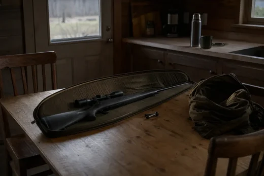 Rifle with scope and ammunition on a wooden table, beside a rolled green fabric bag in a cabin room