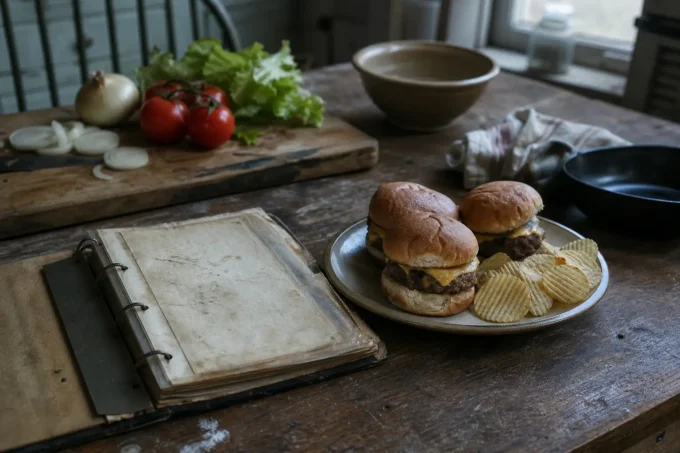 Plate with two sandwiches and potato chips on a wooden table, with tomatoes, lettuce, onion, and a metal bowl nearby